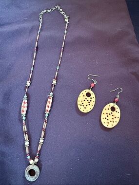 Boho Beaded Necklace and Wood Drop Earrings Set - Red & Turquoise Accents